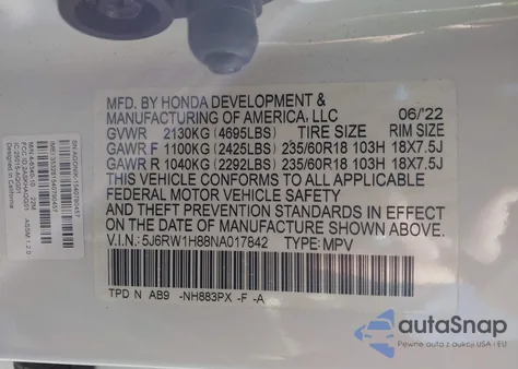 2022 Honda Cr-V 2Wd Ex-L from USA, damaged, VIN 5J6RW1H88NA017842